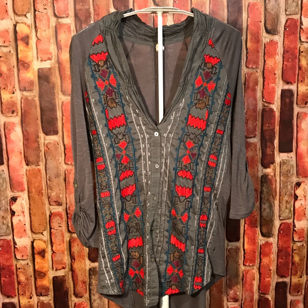 Aztec Embroidered Gray Button Down Top - image 2